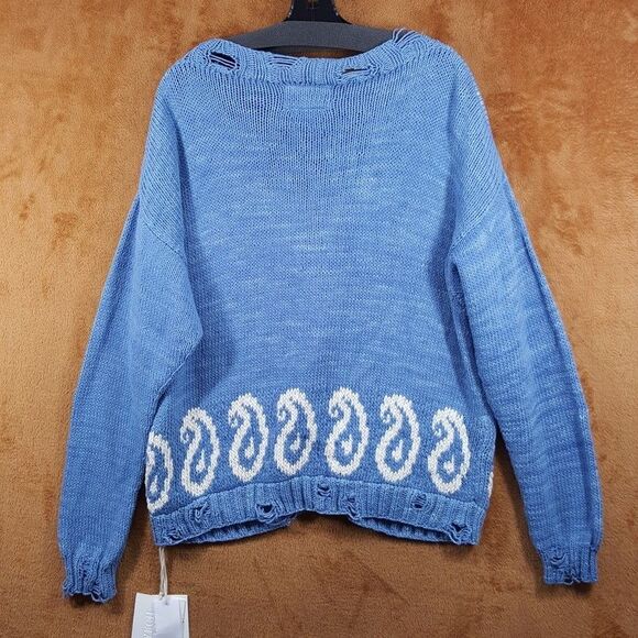 KARTIK RESEARCH Sweater Mens Medium Blue Cardigan Distressed Paisley $450 - Picture 6 of 12